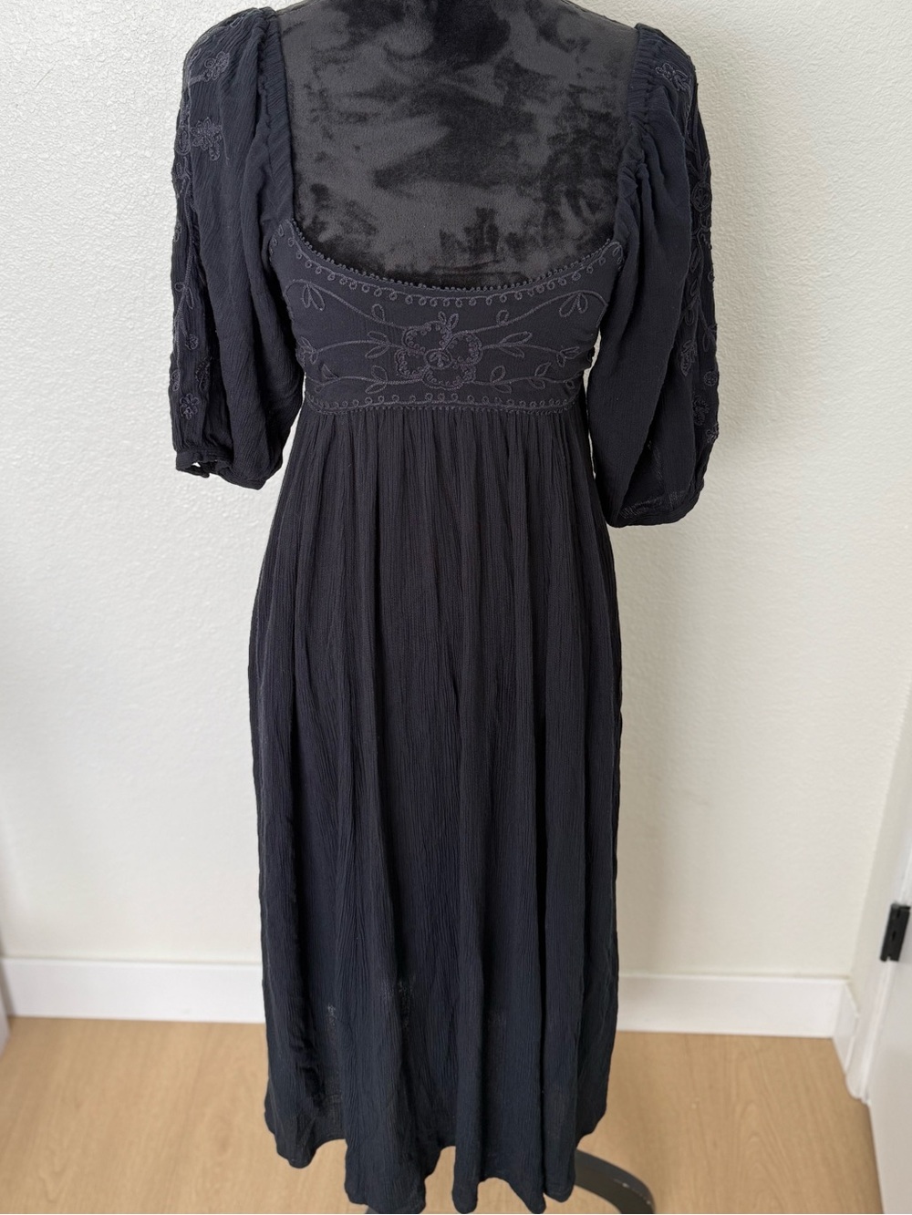 Free People Embroidered Boho Midi Dress XS Black Gauze Prairie Dress